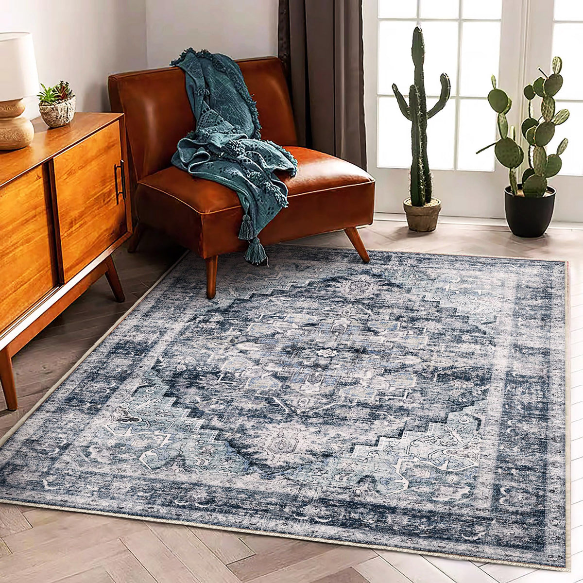 CHAMPLANT Area Rug 4x6 Washable Rug Gray Vintage Traditional Floor Cover Foldable Thin Retro Accent Indoor Distressed Non Slip Carpet Floral Print Mat Bedroom Living Room Bathroom