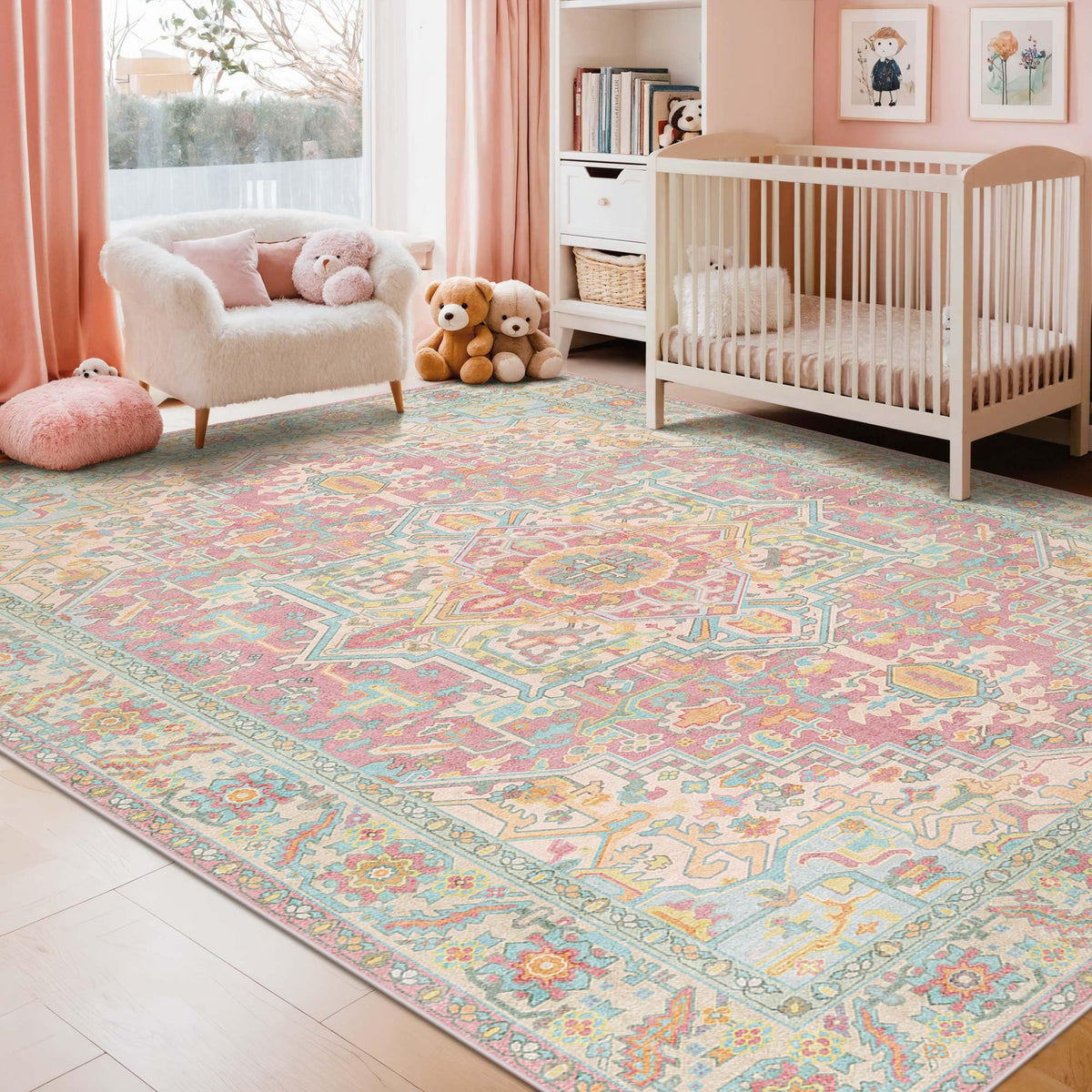 Kokia 9x12 Washable Area Rugs Maroon with Vintage Orient Design, Soft Rug for Living Room or Bedroom, Non-Slip Low Pile Stain Resistance Features, Distressed Medallion Pattern