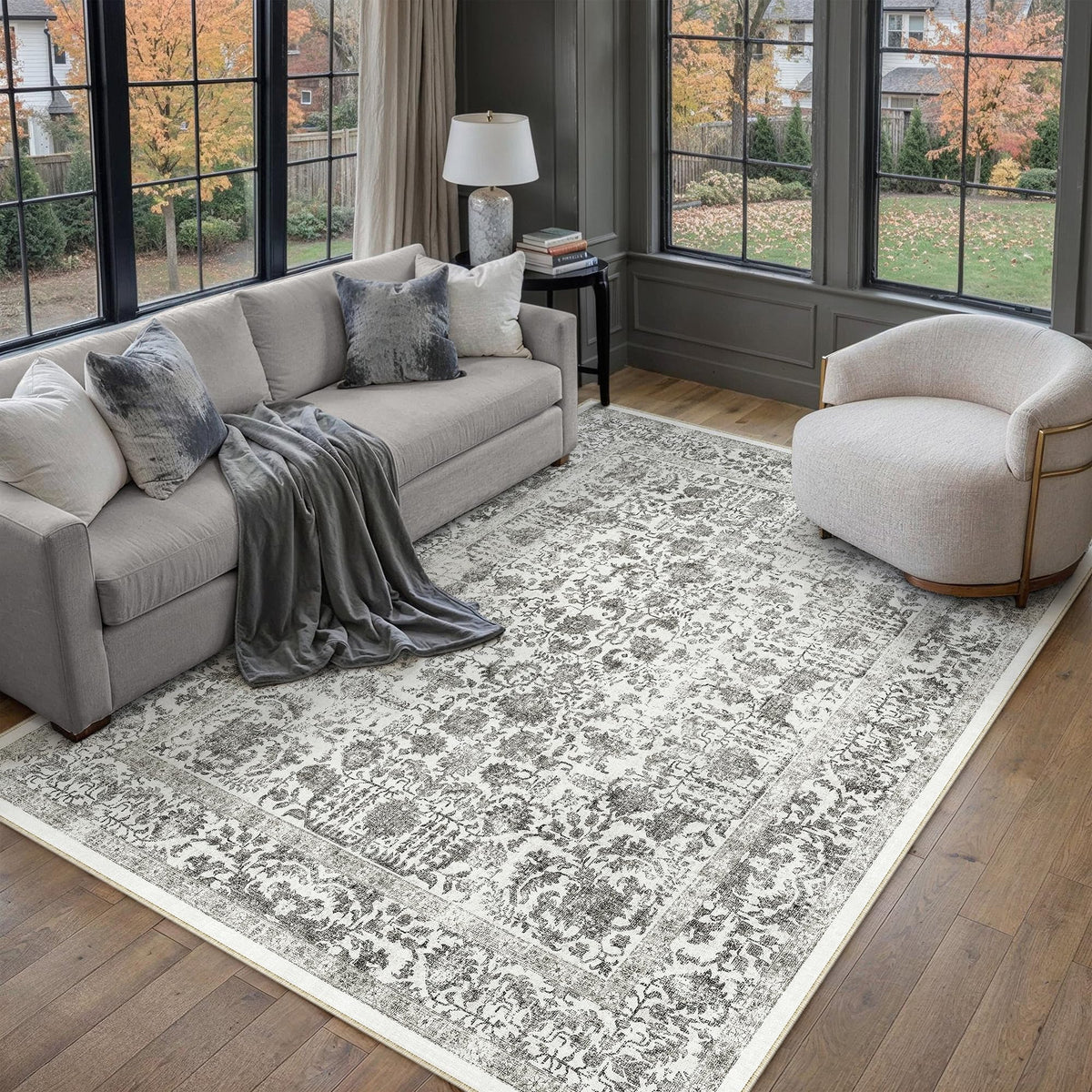 PureCozy Beige Area Rug 5x7 Vintage Farmhouse Floral