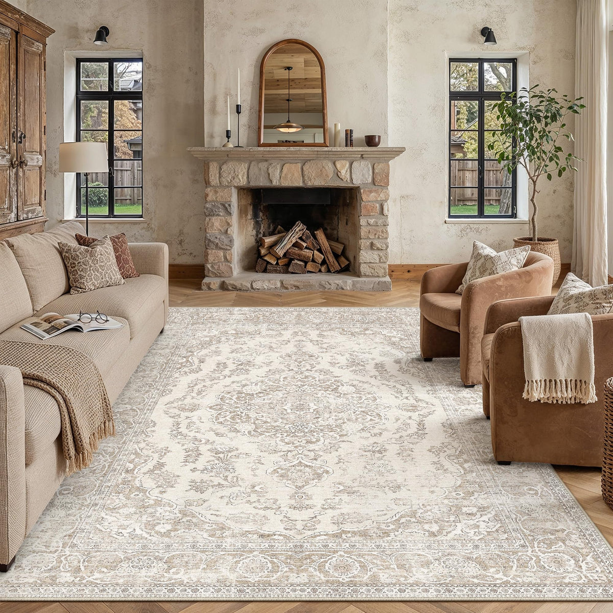 PureCozy 5x7 Beige Area Rug for Living Room Vintage Distressed