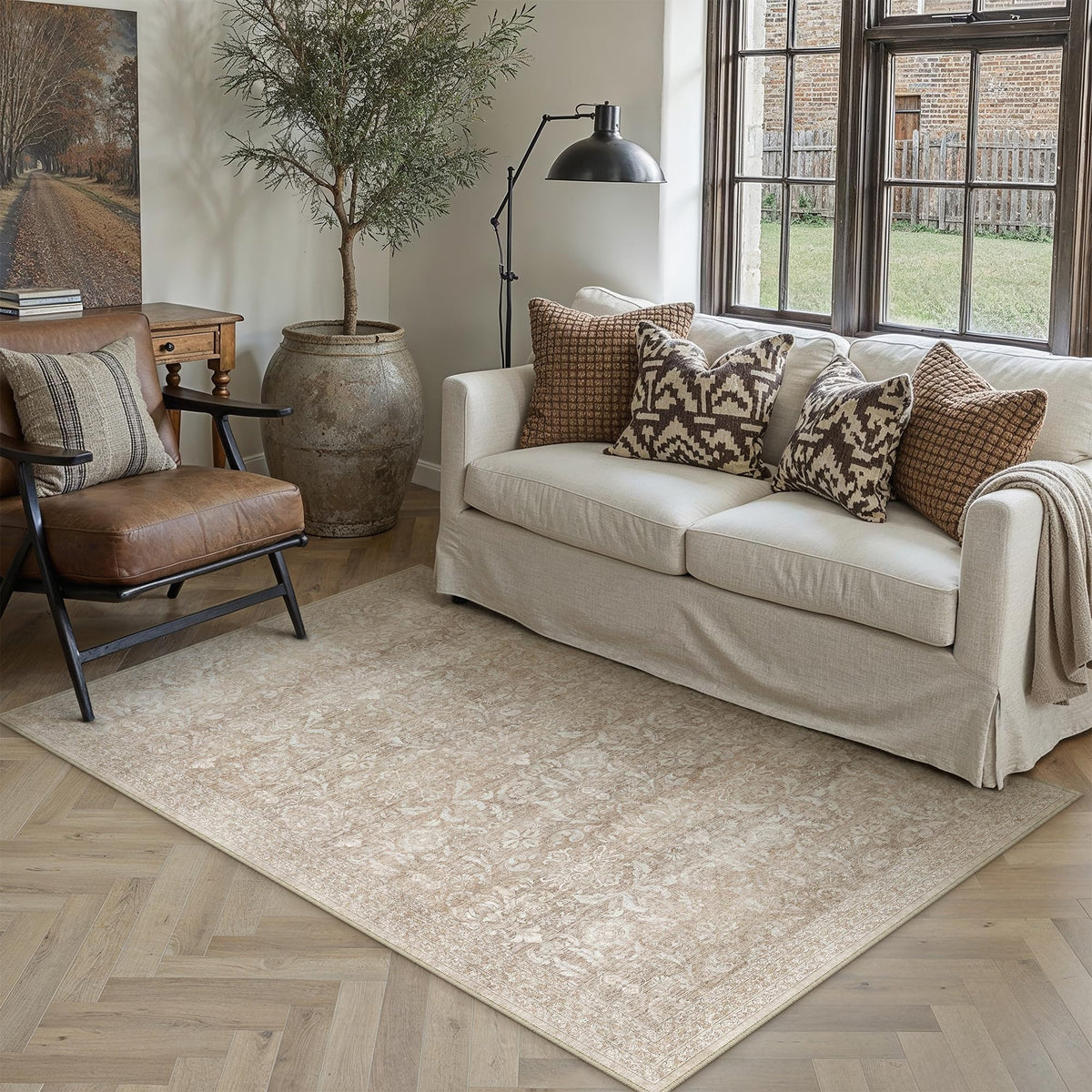 PureCozy 5x7 Beige Area Rug for Living Room Vintage Distressed