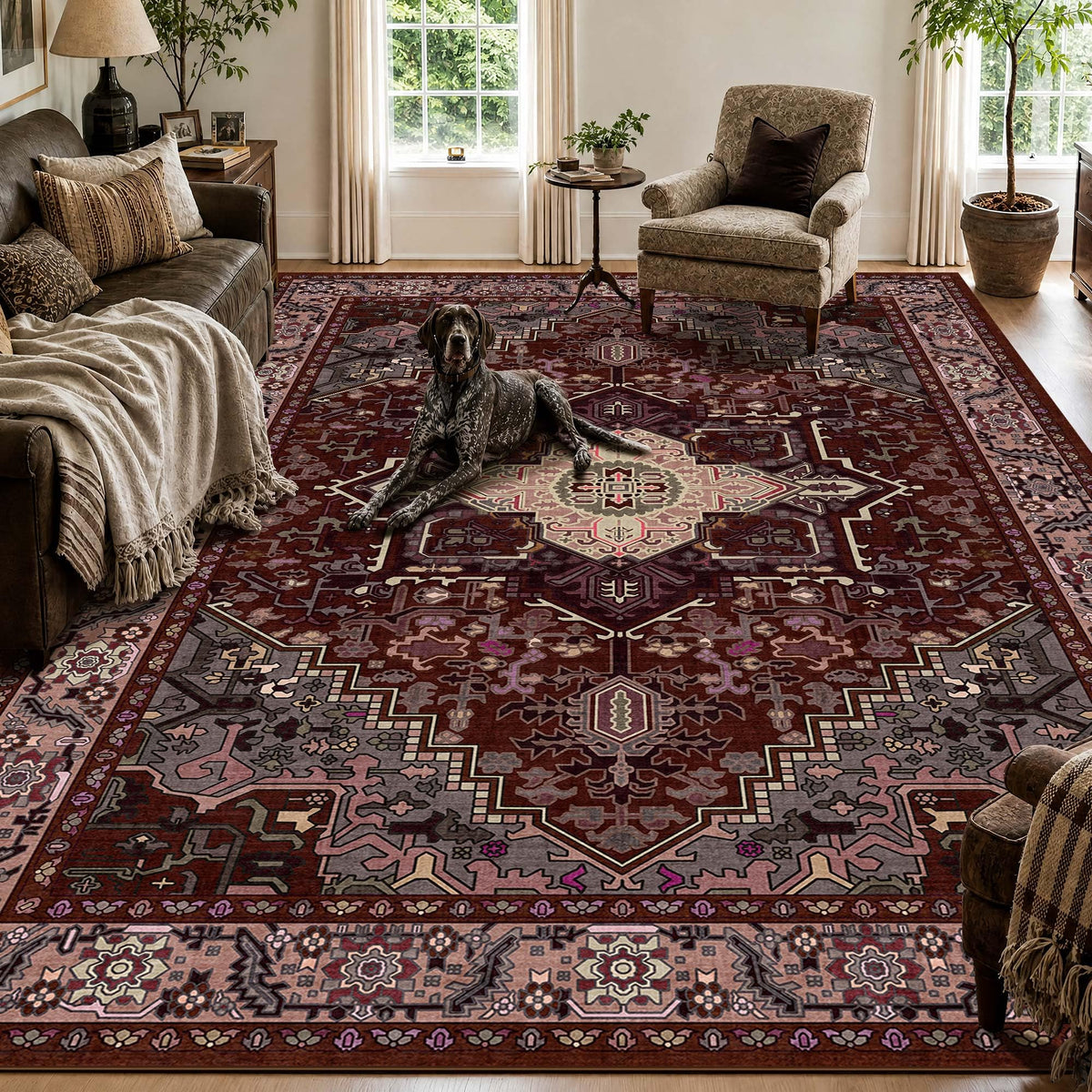 Kokia 9x12 Washable Area Rugs Maroon with Vintage Orient Design, Soft Rug for Living Room or Bedroom, Non-Slip Low Pile Stain Resistance Features, Distressed Medallion Pattern