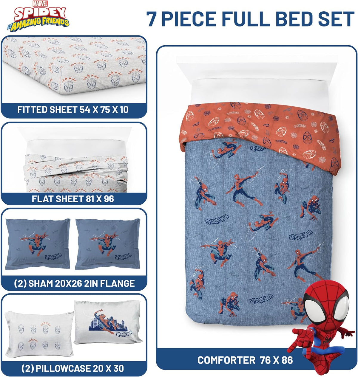 Marvel Spiderman Full Comforter Set 7 Piece Bedding for Boys, Blue