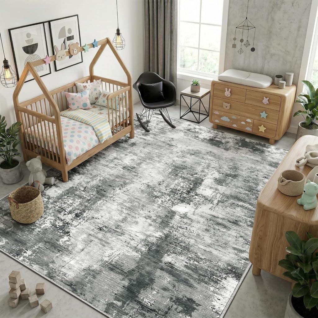Merelax Washable Area Rugs 5'x8' Grey Abstract Rug for Living Room Bedroom Entryway Nursery, Dining Room and Farmhouse Rug, Non-Slip Modern Indoor Low Pile Soft Floor Carpet, Gray Print Pattern