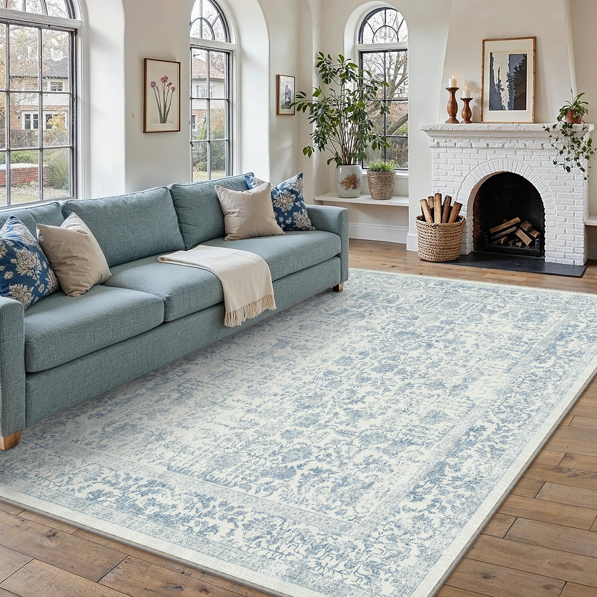 PureCozy Beige Area Rug 5x7 Vintage Farmhouse Floral