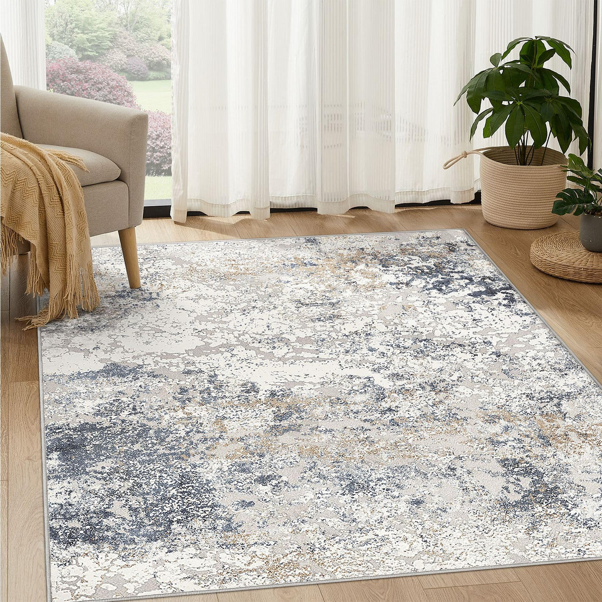 DMOYEST Area Rug Living Room Rugs 5x7 Washable Abstract Beige Blue Carpet