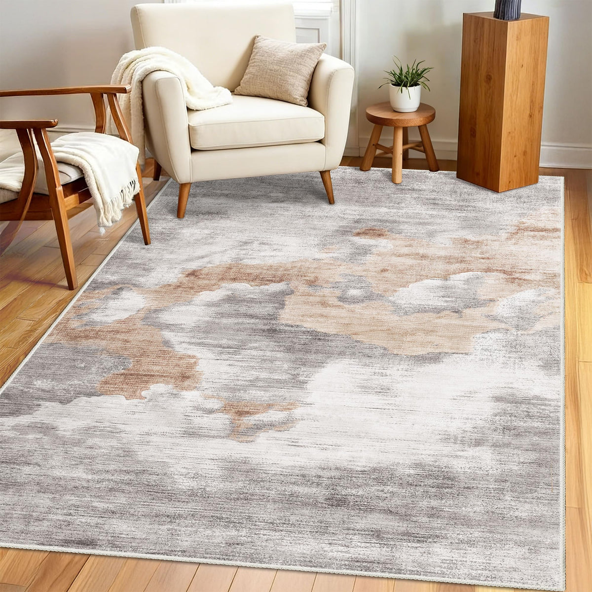 Beige Rug 3x5 Washable Area Rugs for Bedroom Living Room Kitchen Entryway Bedside,Small Modern Marble Abstract Non Slip Carpet