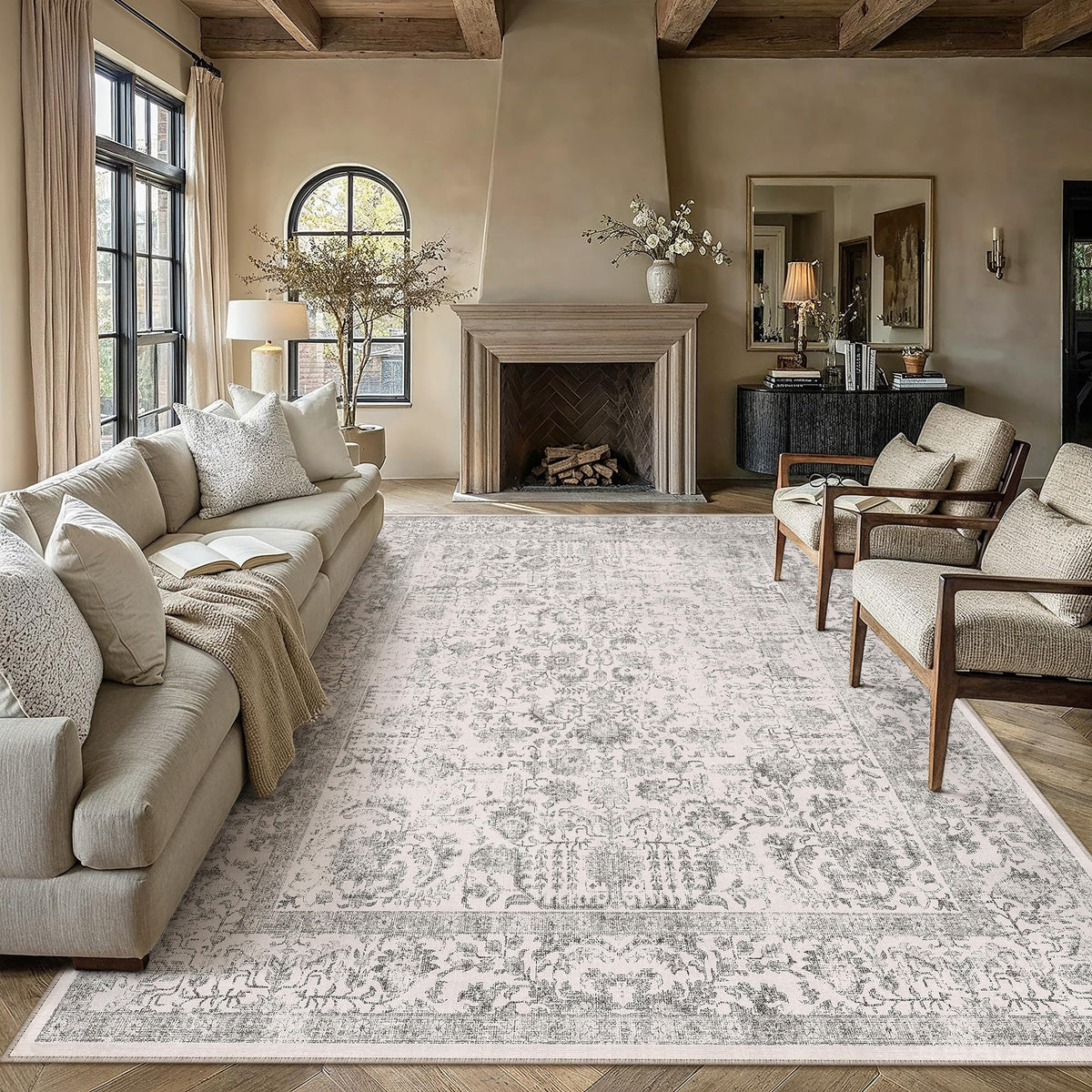 PureCozy Beige Area Rug 5x7 Vintage Farmhouse Floral
