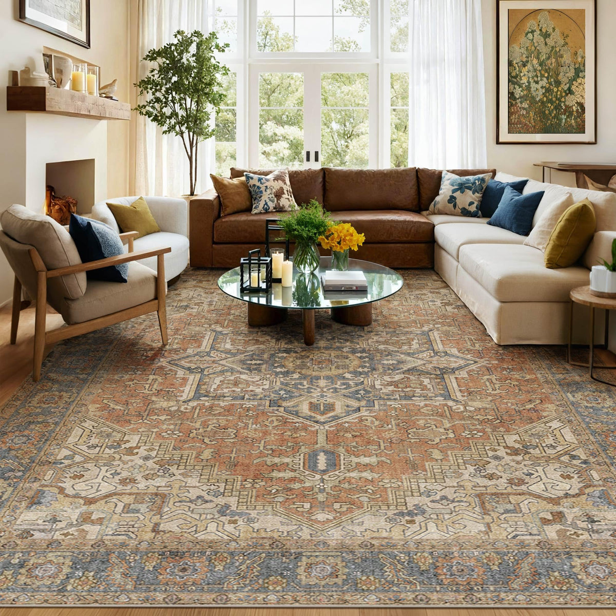 Kokia 9x12 Washable Area Rugs Maroon with Vintage Orient Design, Soft Rug for Living Room or Bedroom, Non-Slip Low Pile Stain Resistance Features, Distressed Medallion Pattern