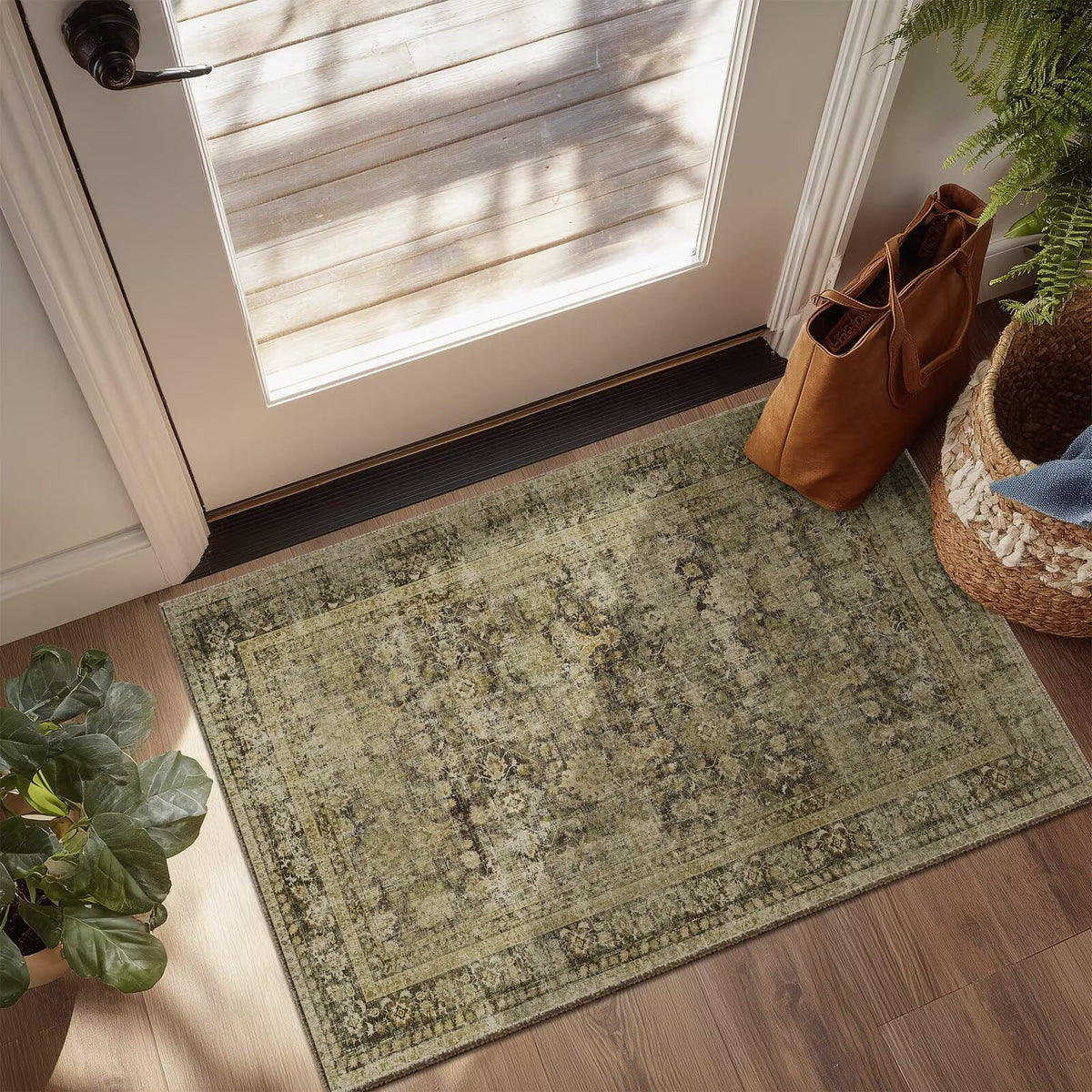 Washable 10x14 Area Rugs for Living Room, Ivory/Sage Gold