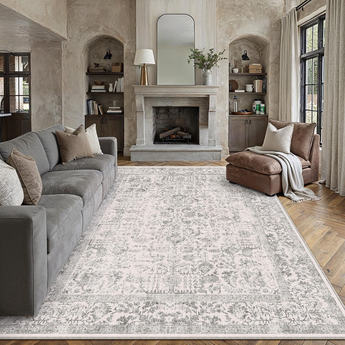 PureCozy Beige Area Rug 5x7 Vintage Farmhouse Floral