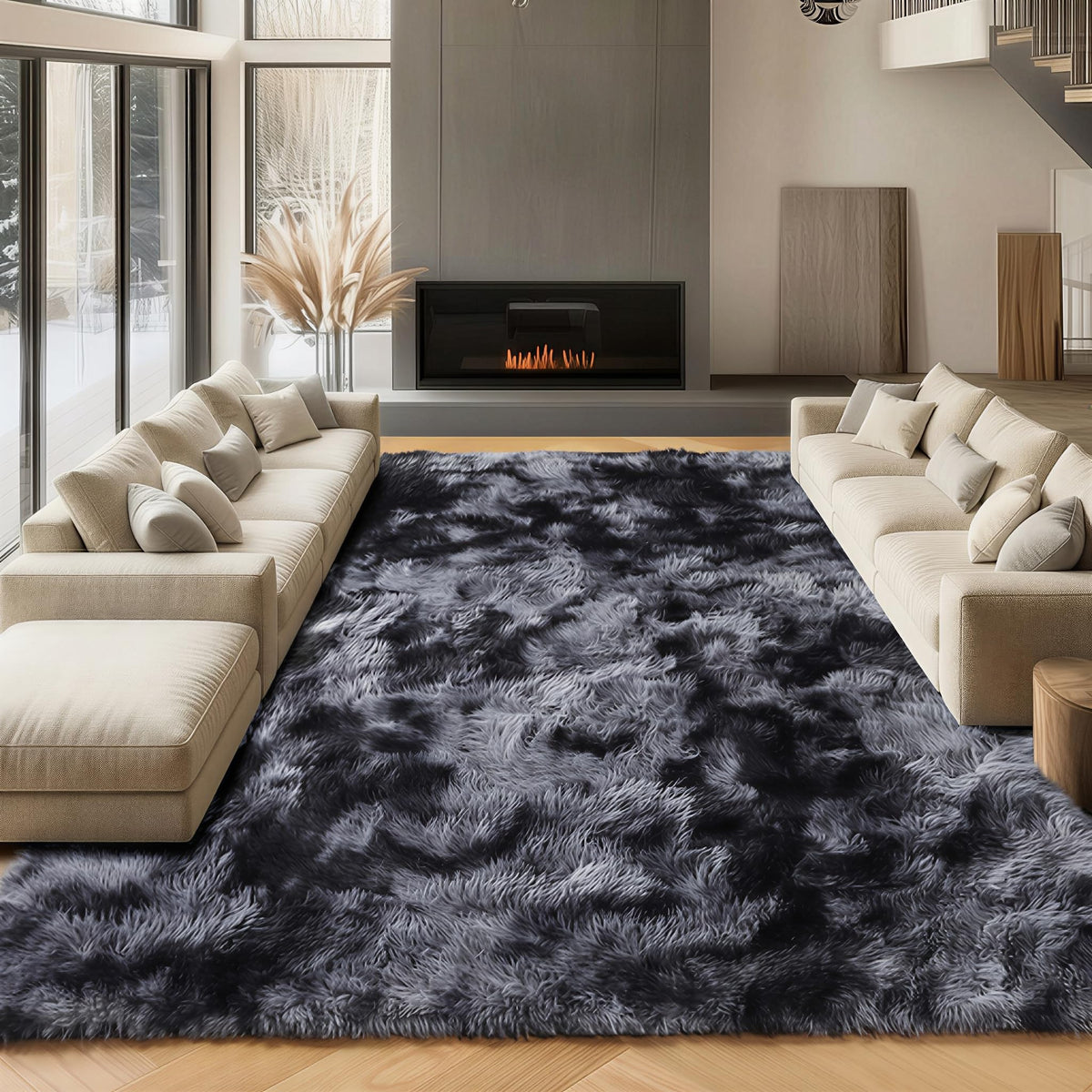 Area Rugs for Bedroom Living Room, 4x6 Fluffy Grey and Black Geometric Rug