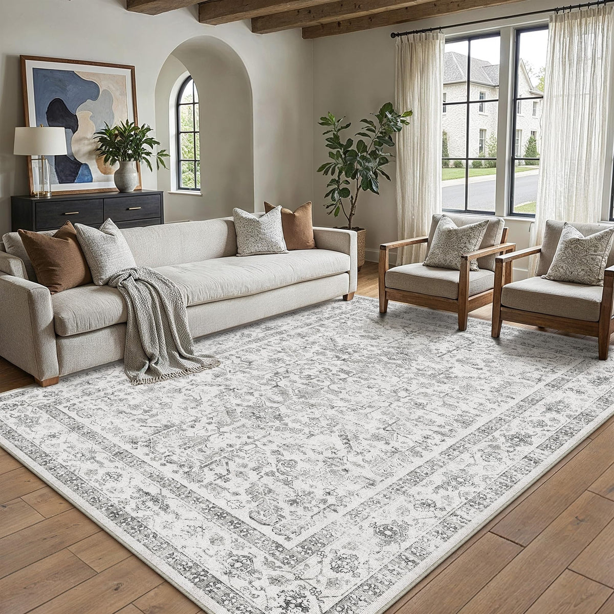 PureCozy Beige Area Rug 5x7 Vintage Farmhouse Floral