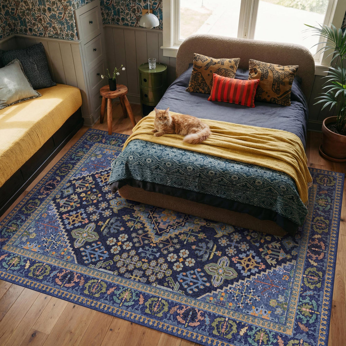 Kokia 9x12 Washable Area Rugs Maroon with Vintage Orient Design, Soft Rug for Living Room or Bedroom, Non-Slip Low Pile Stain Resistance Features, Distressed Medallion Pattern