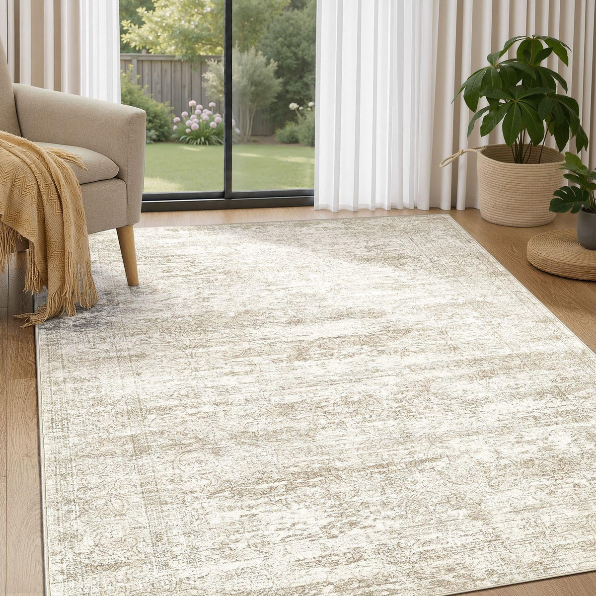 DMOYEST Area Rug Living Room Rugs 5x7 Washable Abstract Beige Blue Carpet