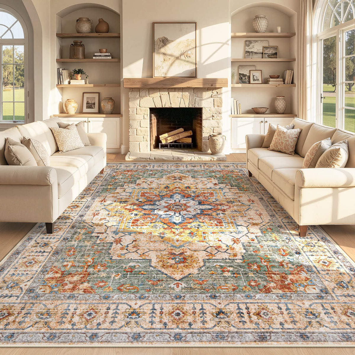 Area Rug 5x7 Vintage Rug: Washable Indoor Medallion Rugs Low Pile Distressed Floor Carpet Retro Accent Rug for Living Room Bedroom Kitchen Dining Table Home Office(Beige, 5'x7')
