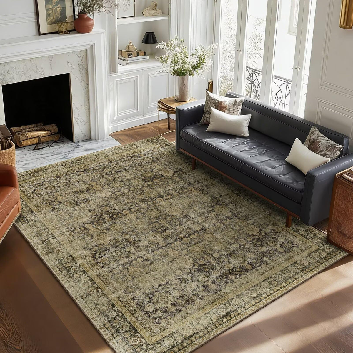 Washable 10x14 Area Rugs for Living Room, Ivory/Sage Gold