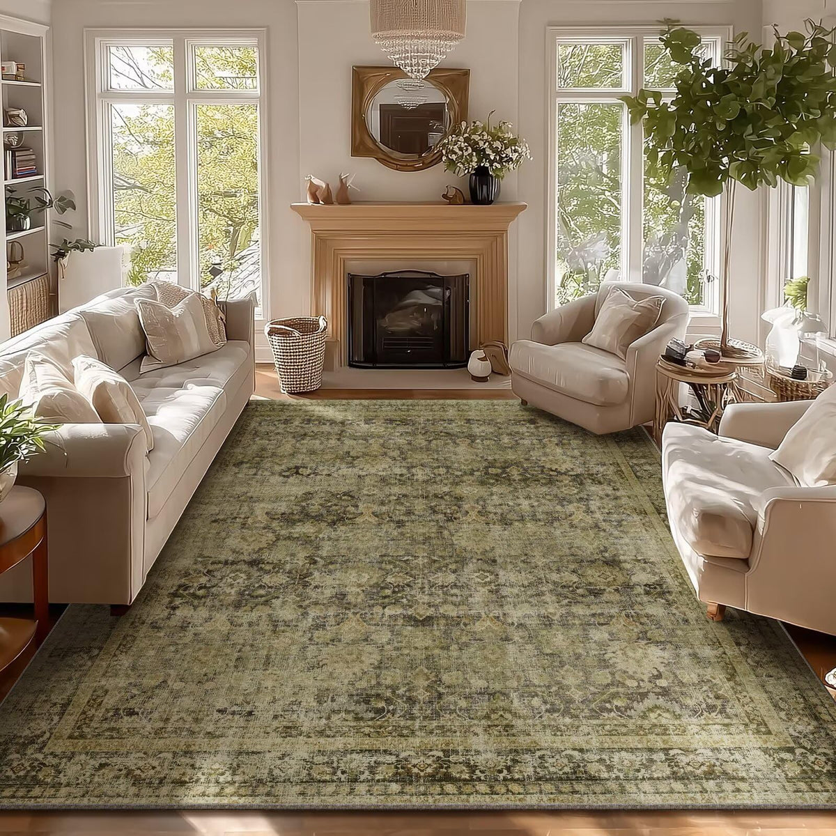 Washable 10x14 Area Rugs for Living Room, Ivory/Sage Gold