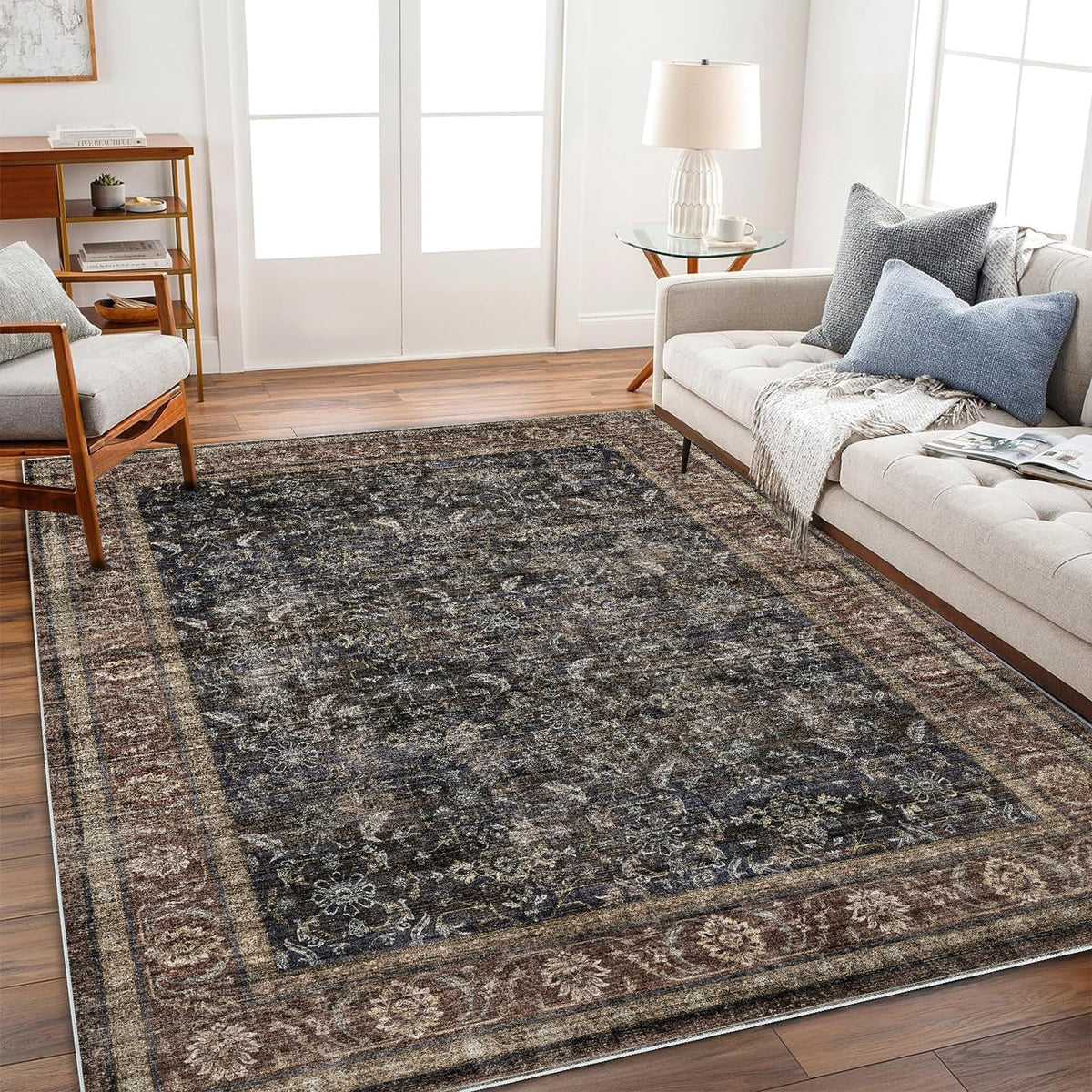 CHAMPLANT Area Rug 4x6 Washable Rug Gray Vintage Traditional Floor Cover Foldable Thin Retro Accent Indoor Distressed Non Slip Carpet Floral Print Mat Bedroom Living Room Bathroom