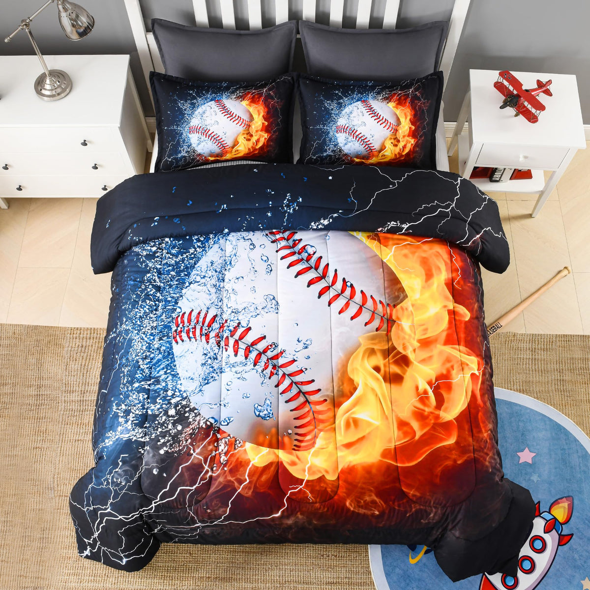 Andency Soccer Comforter Twin(66x90 Inch), 2 Pieces(1 Soccer Comforter, 1 Pillowcase) Blue Flame Soccer Comforter Set Sport Microfiber Bedding Set for Boy Girl Kids, Teen