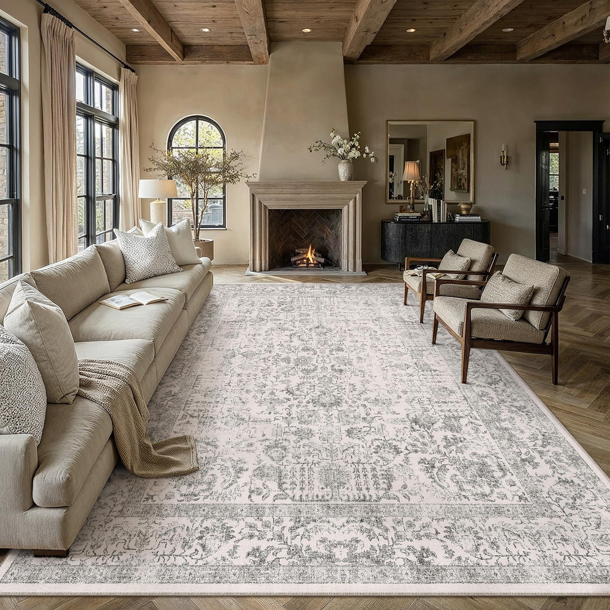 PureCozy Beige Area Rug 5x7 Vintage Farmhouse Floral