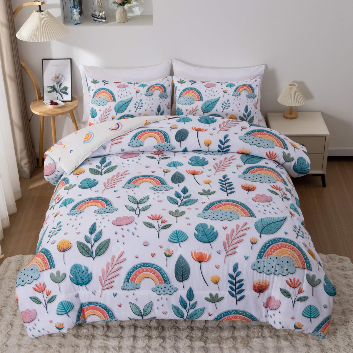 Btargot Lightweight Soft 3 Piece Rainbow Comforter Set with 2 Pillow Covers, Cartoon Love Hearts Flowers and Grass Bedding Set for Girls Boys Kids, Full Multi-Color