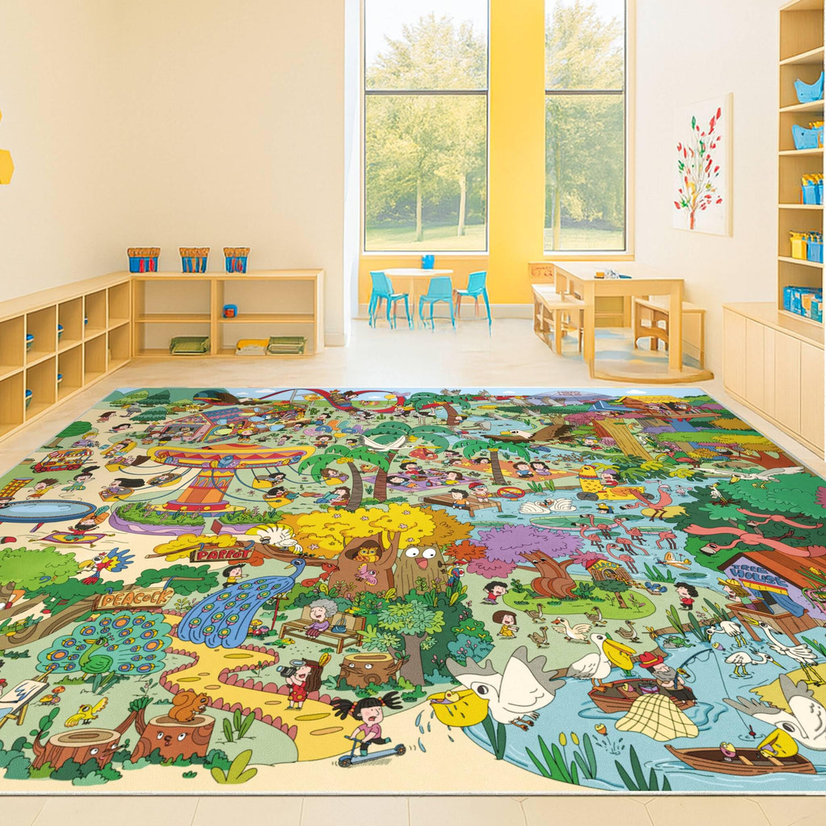 Hazo Haus Washable Kids Playroom Rug – 5x7 Play Rug for Preschool Toddlers, Girls, Educational with Cute Animals – Non-Slip, Stain Resistant, Soft & Safe for Bedroom, Play Room and Classroom - Blue