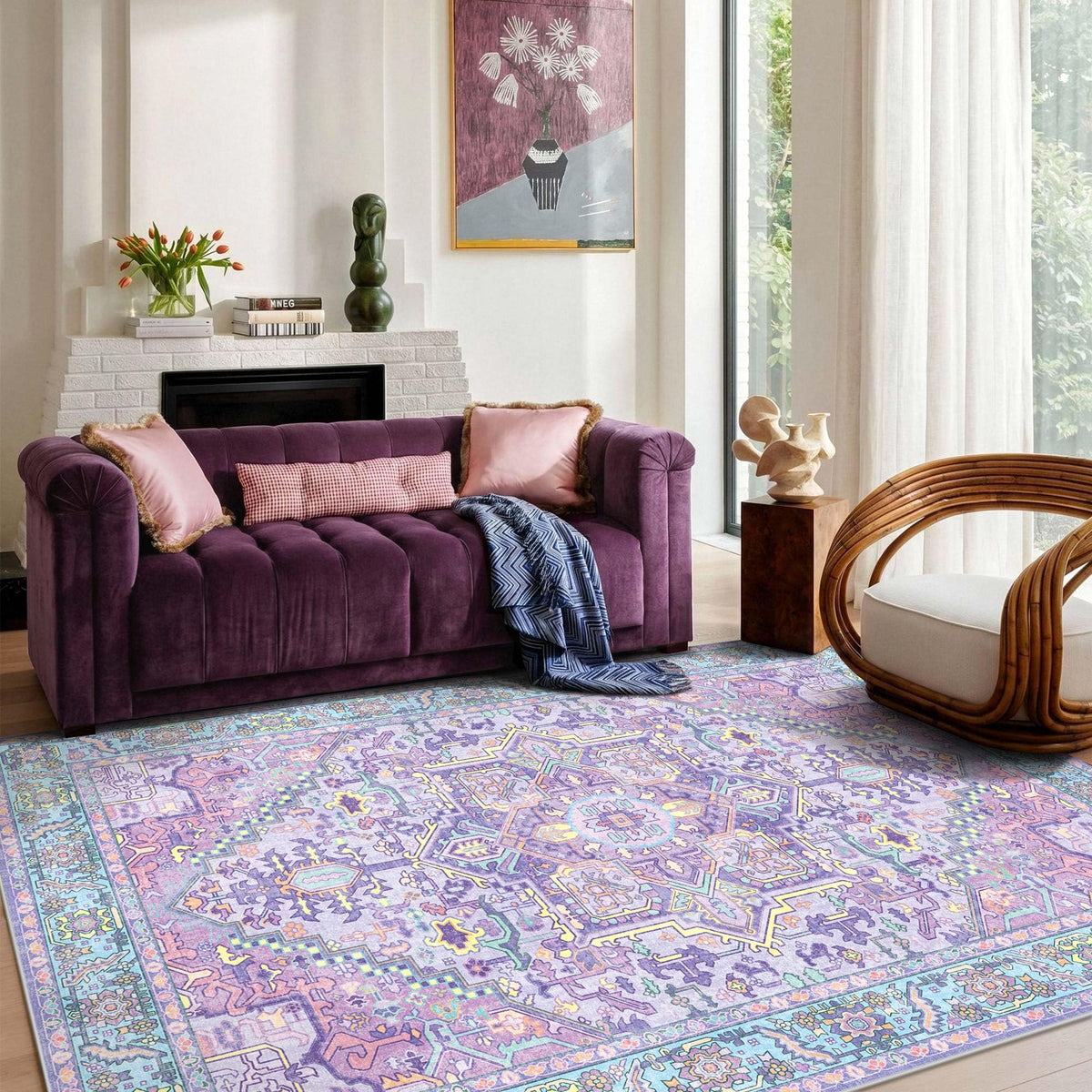 Kokia 9x12 Washable Area Rugs Maroon with Vintage Orient Design, Soft Rug for Living Room or Bedroom, Non-Slip Low Pile Stain Resistance Features, Distressed Medallion Pattern