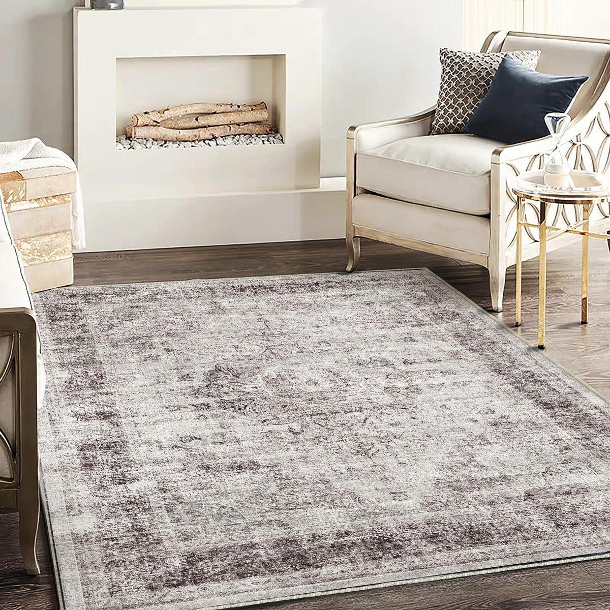 CHAMPLANT Area Rug 4x6 Washable Rug Gray Vintage Traditional Floor Cover Foldable Thin Retro Accent Indoor Distressed Non Slip Carpet Floral Print Mat Bedroom Living Room Bathroom