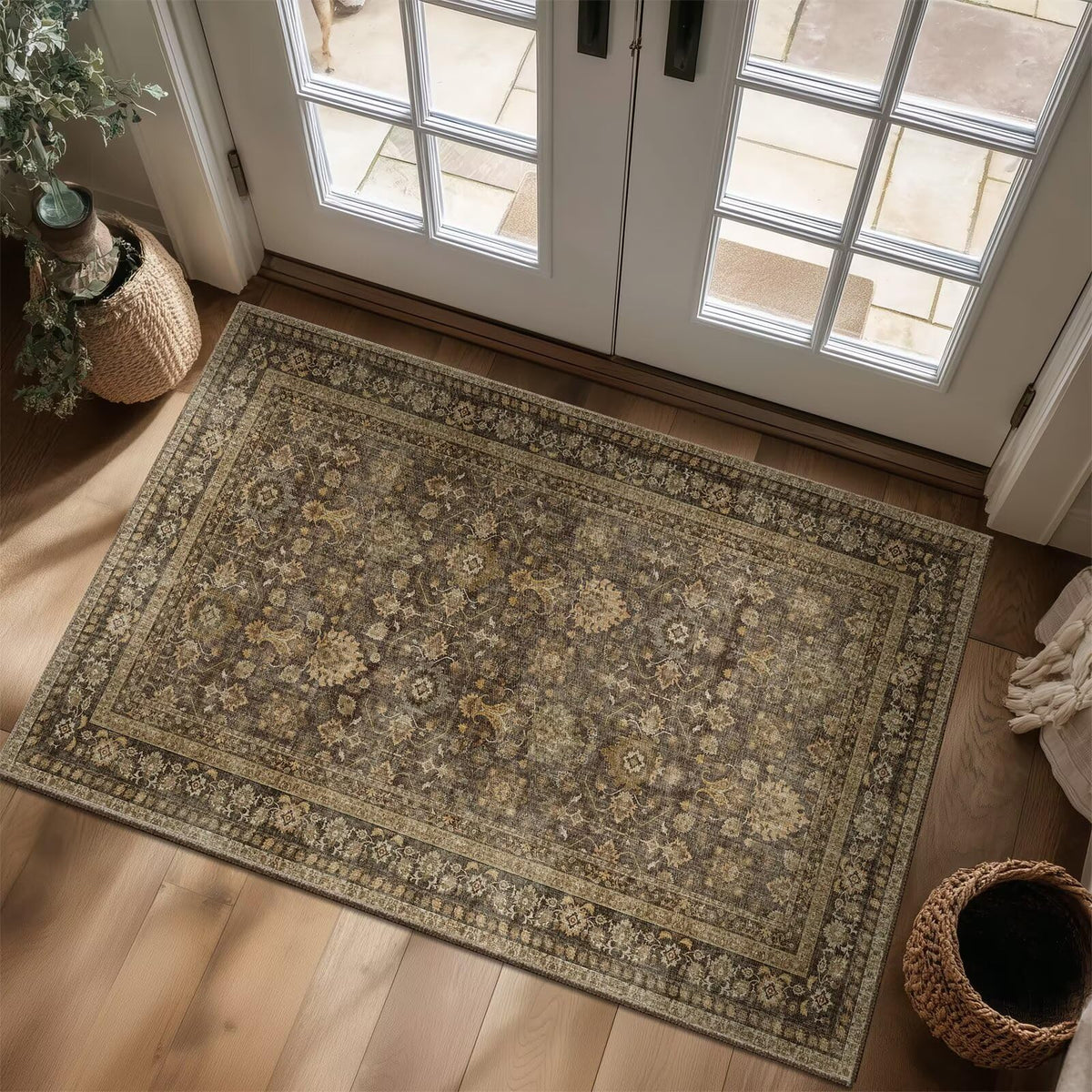 Washable 10x14 Area Rugs for Living Room, Ivory/Sage Gold