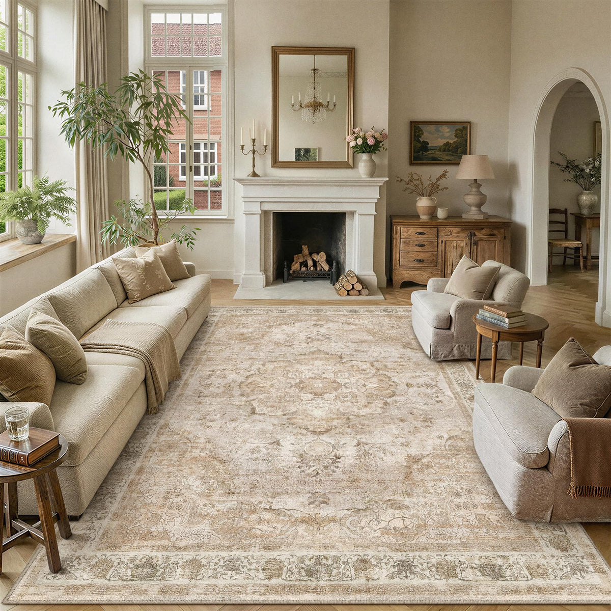 8x10 Beige Area Rug Vintage Carpet