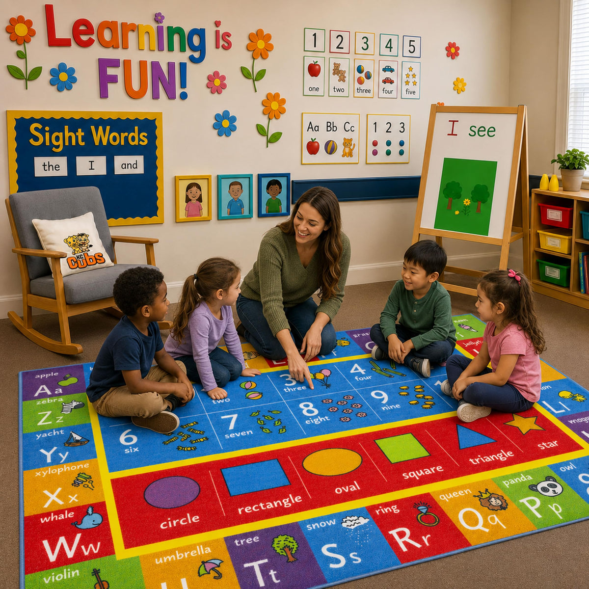KC Cubs 5x7 ABC Alphabet, Numbers & Shapes Rug – Educational Non-Slip Play Mat Carpet for Kids, Toddlers, Nursery, Classroom, Playroom, Baby Daycare