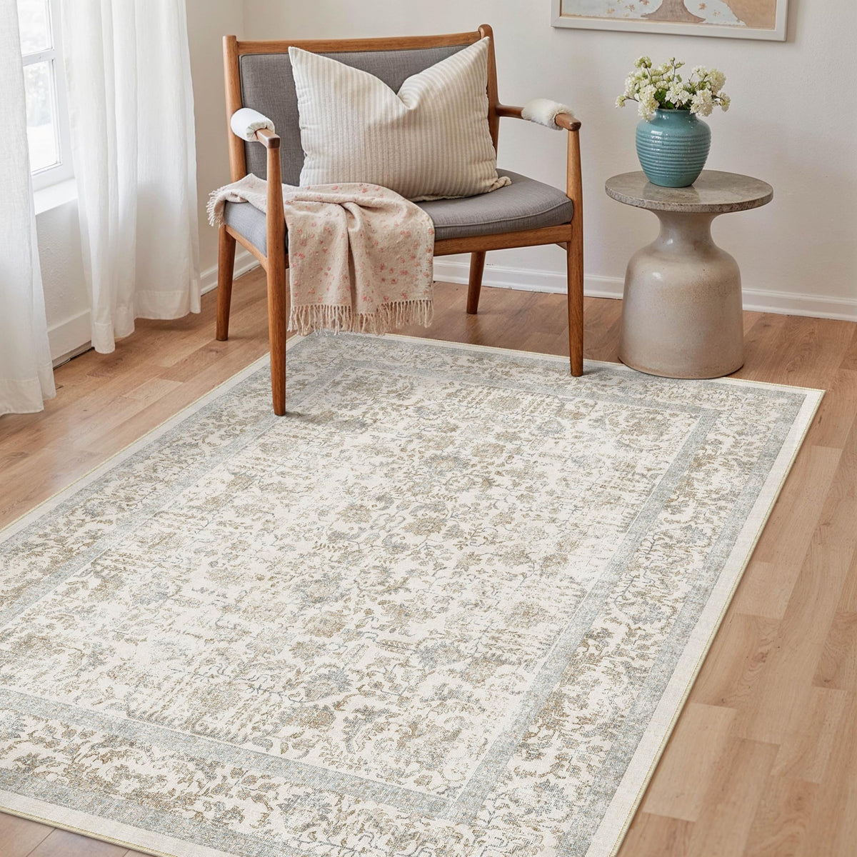 PureCozy Beige Area Rug 5x7 Vintage Farmhouse Floral