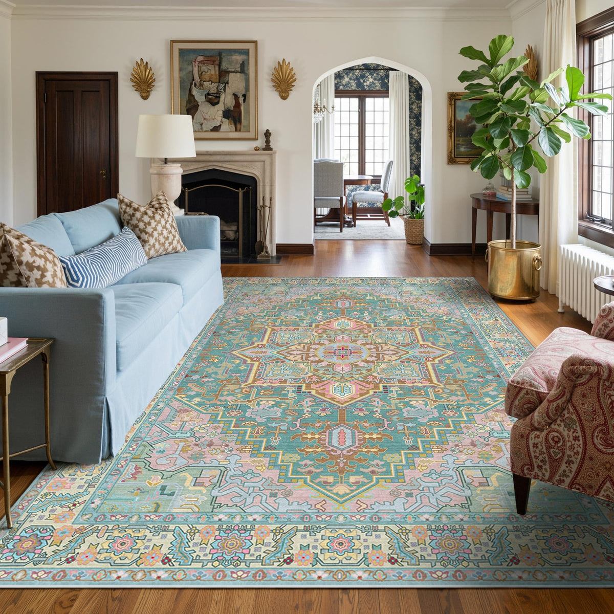 Kokia 9x12 Washable Area Rugs Maroon with Vintage Orient Design, Soft Rug for Living Room or Bedroom, Non-Slip Low Pile Stain Resistance Features, Distressed Medallion Pattern