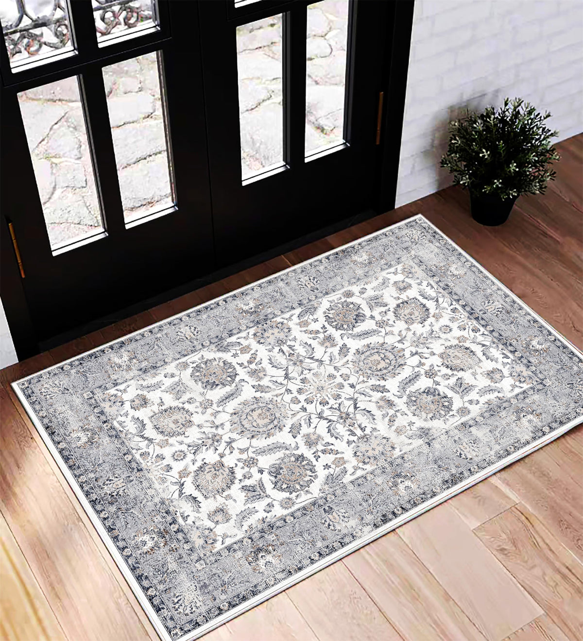 CHAMPLANT Area Rug 4x6 Washable Rug Gray Vintage Traditional Floor Cover Foldable Thin Retro Accent Indoor Distressed Non Slip Carpet Floral Print Mat Bedroom Living Room Bathroom