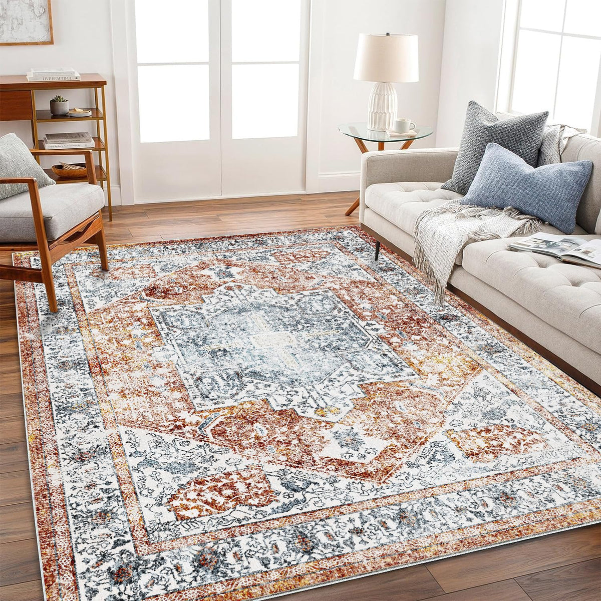 CHAMPLANT Area Rug 4x6 Washable Rug Gray Vintage Traditional Floor Cover Foldable Thin Retro Accent Indoor Distressed Non Slip Carpet Floral Print Mat Bedroom Living Room Bathroom