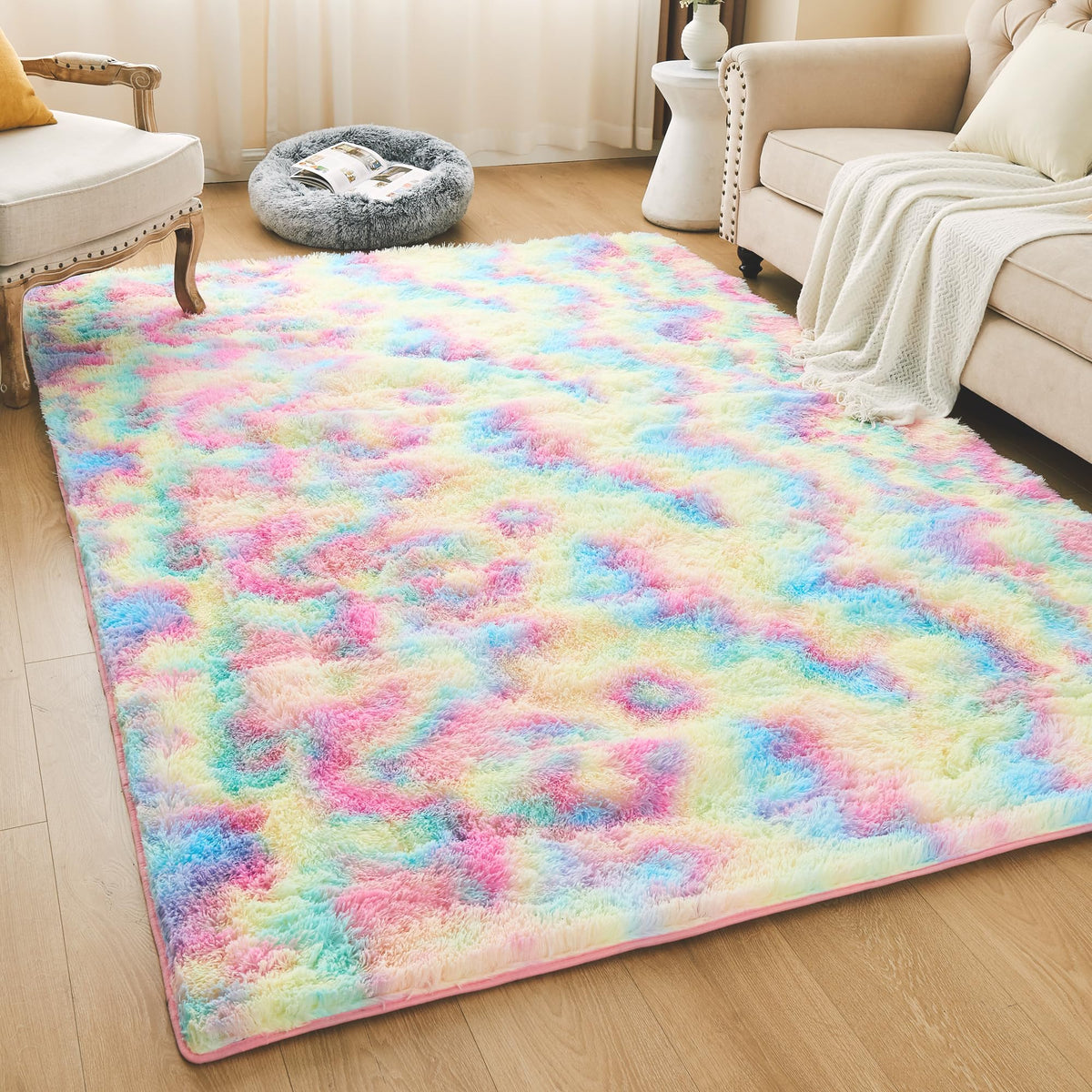 Litanika 4x6 Shag Area Rug for Bedroom, Tie-Dyed Beige Plush Rug