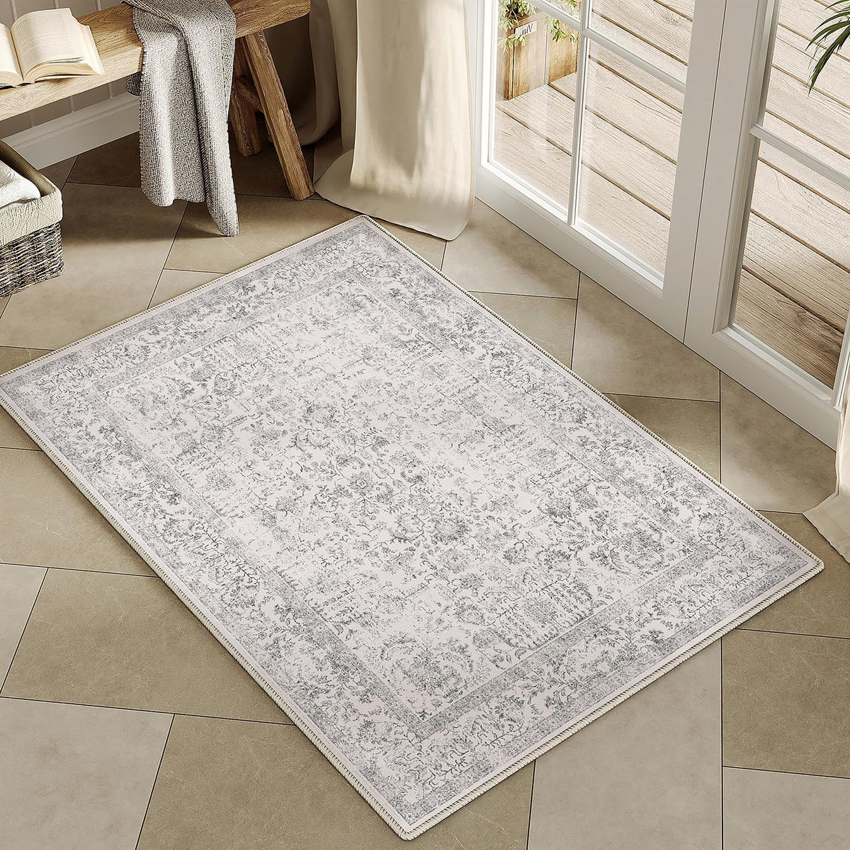 PureCozy Beige Area Rug 5x7 Vintage Farmhouse Floral