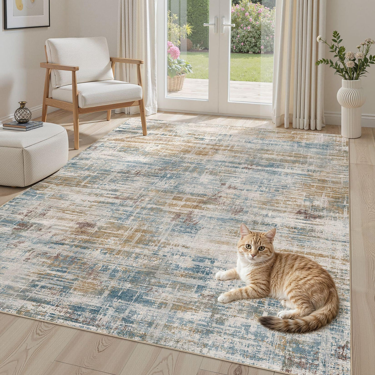 UERMEI 6x9 Area Rug for Living Room Washable Abstract Blue Brown Carpet