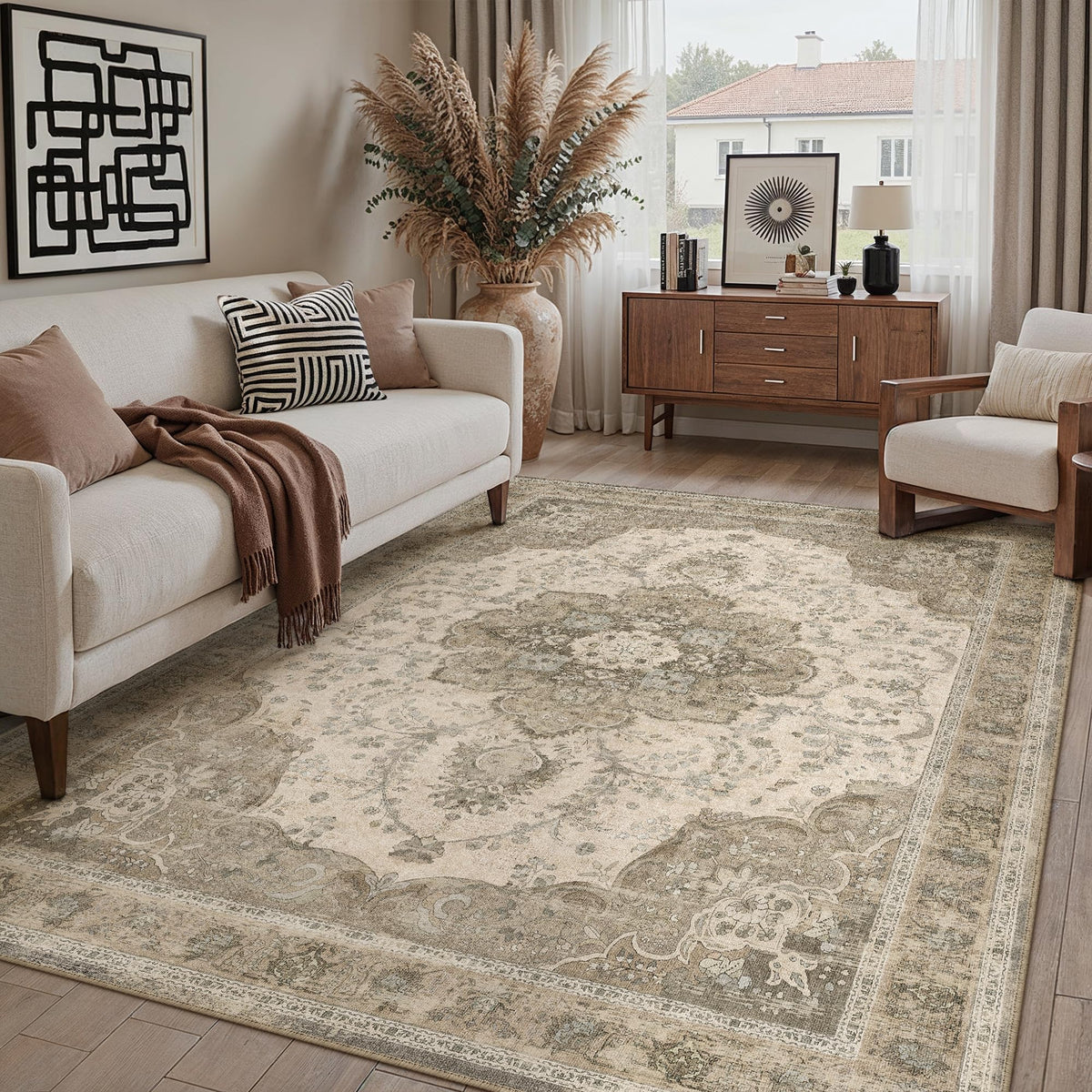 8x10 Beige Area Rug Vintage Carpet