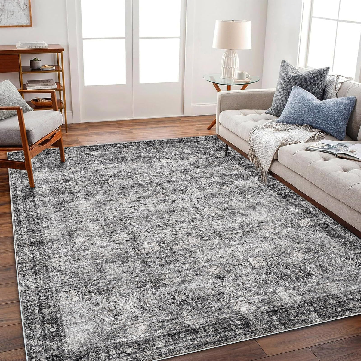 CHAMPLANT Area Rug 4x6 Washable Rug Gray Vintage Traditional Floor Cover Foldable Thin Retro Accent Indoor Distressed Non Slip Carpet Floral Print Mat Bedroom Living Room Bathroom