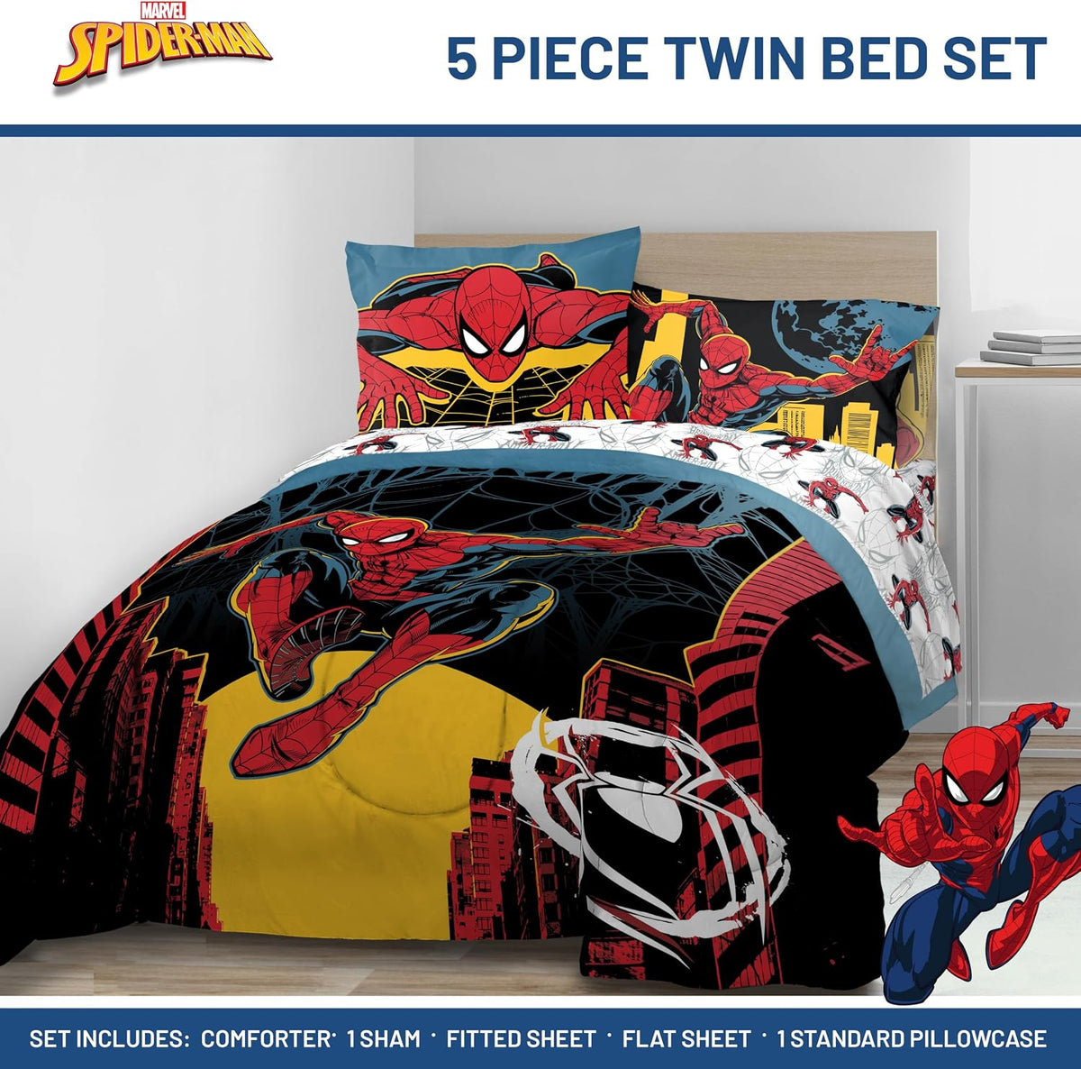 Jay Franco Kids Comforter Set Includes Sheets and Pillow Covers - Soft and Cozy Bed Set for Stylish Room Decor, Official Licensed Bedding, Black - Spiderman, 5 Piece Twin