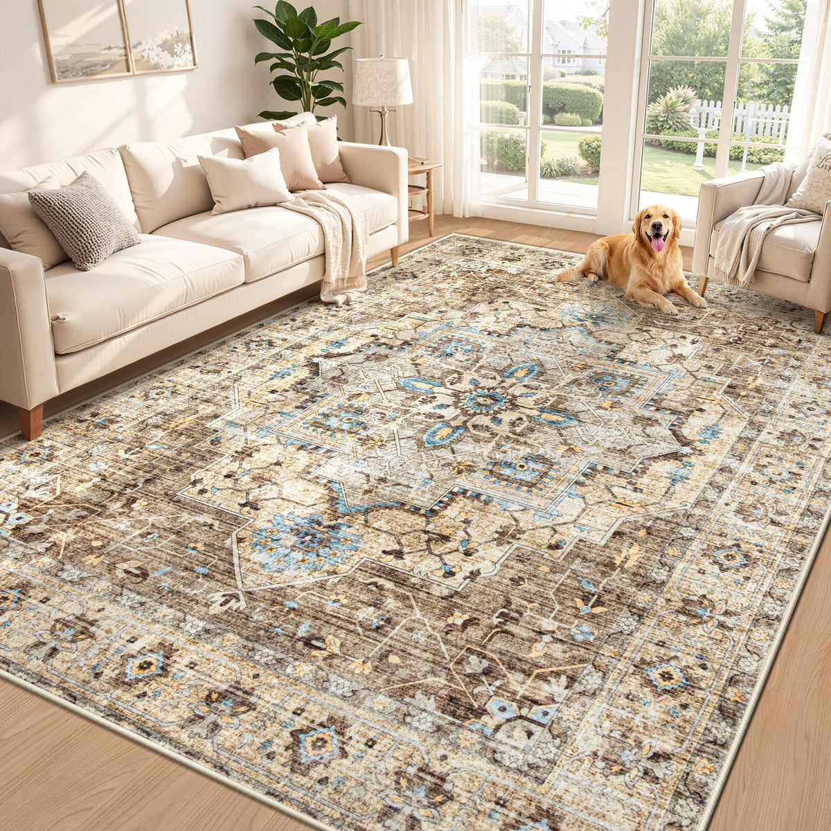 Area Rug 5x7 Vintage Rug: Washable Indoor Medallion Rugs Low Pile Distressed Floor Carpet Retro Accent Rug for Living Room Bedroom Kitchen Dining Table Home Office(Beige, 5'x7')