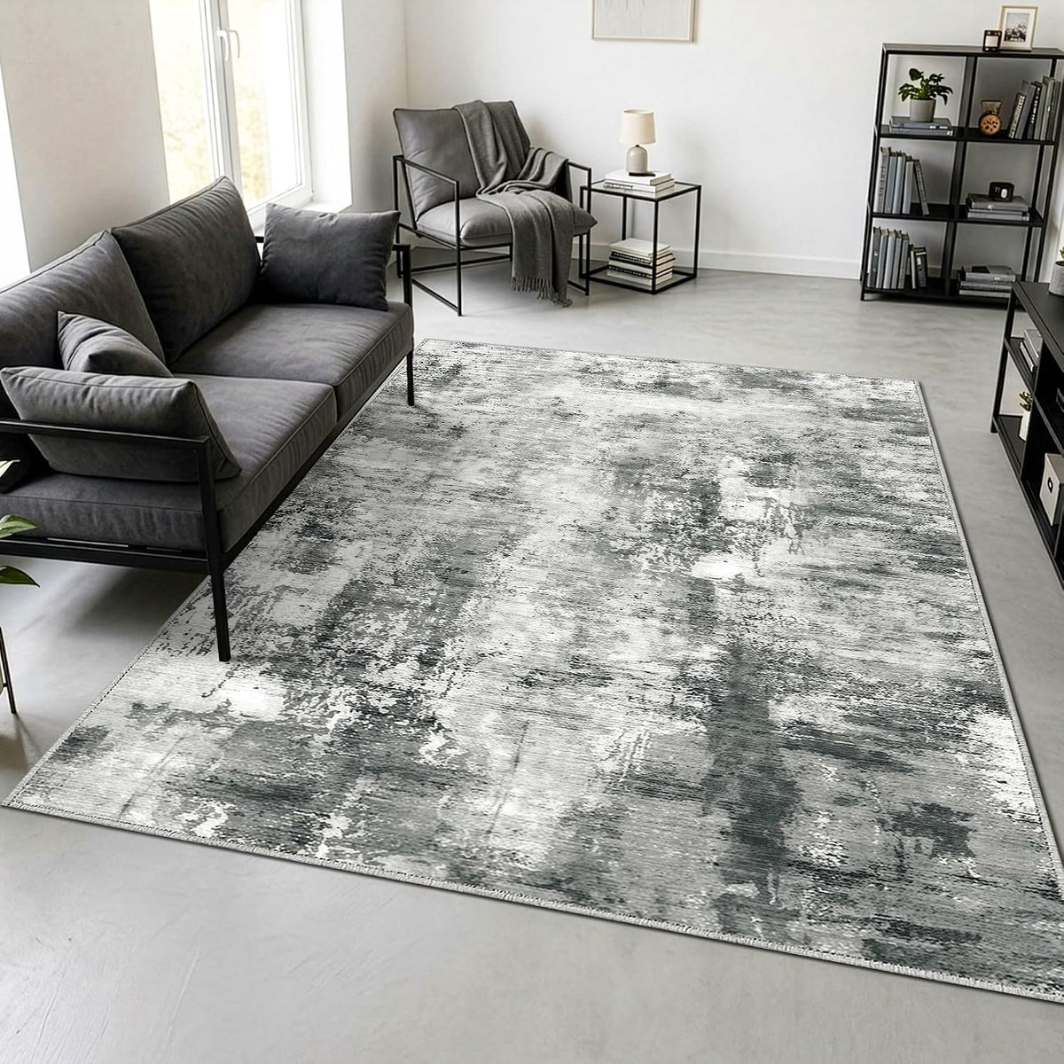 Merelax Washable Area Rugs 5'x8' Grey Abstract Rug for Living Room Bedroom Entryway Nursery, Dining Room and Farmhouse Rug, Non-Slip Modern Indoor Low Pile Soft Floor Carpet, Gray Print Pattern