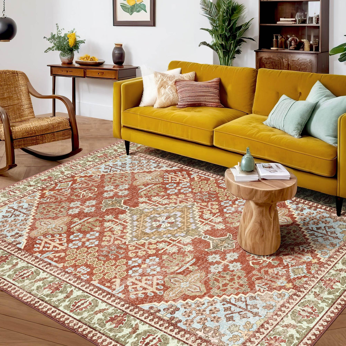 Kokia 9x12 Washable Area Rugs Maroon with Vintage Orient Design, Soft Rug for Living Room or Bedroom, Non-Slip Low Pile Stain Resistance Features, Distressed Medallion Pattern