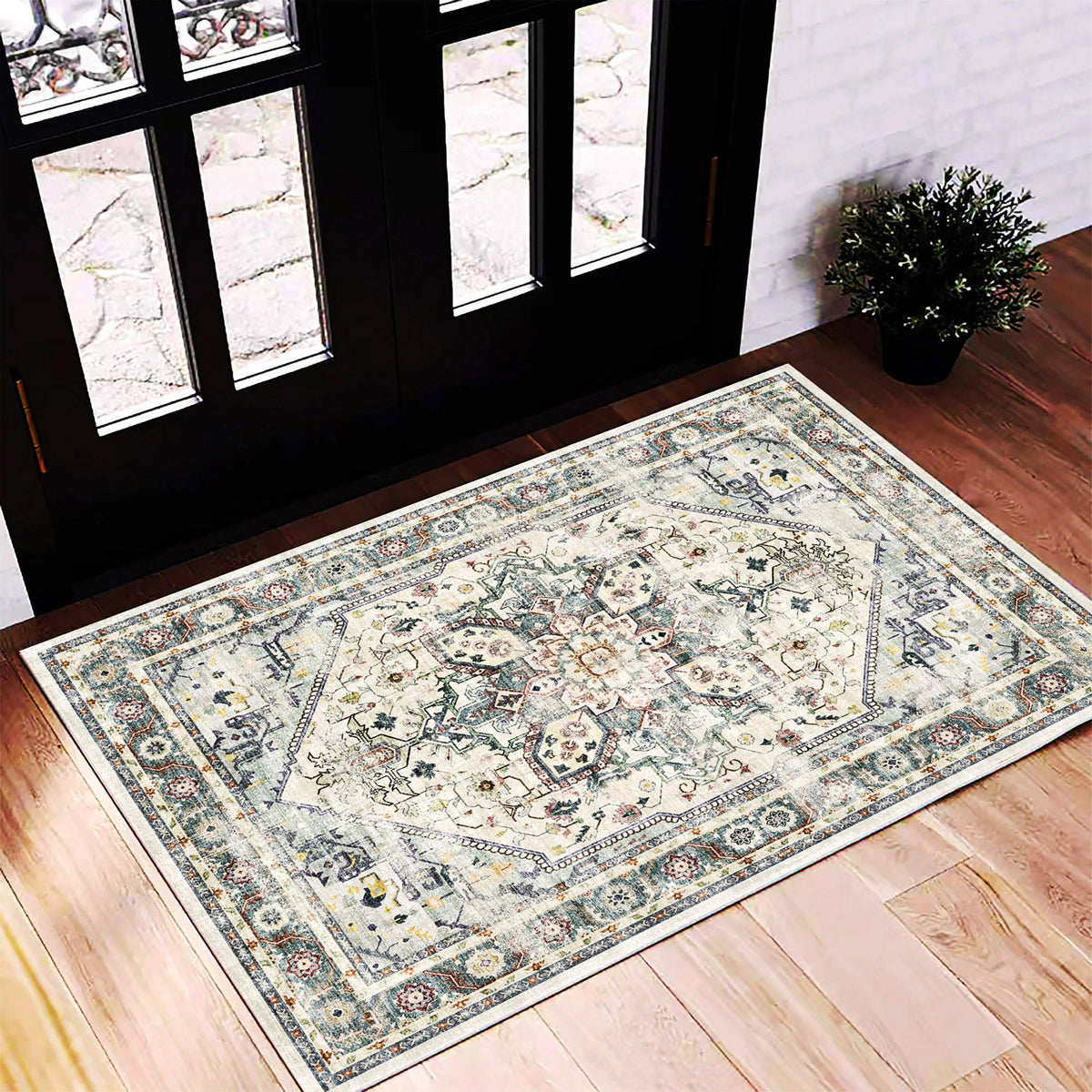 CHAMPLANT Area Rug 4x6 Washable Rug Gray Vintage Traditional Floor Cover Foldable Thin Retro Accent Indoor Distressed Non Slip Carpet Floral Print Mat Bedroom Living Room Bathroom