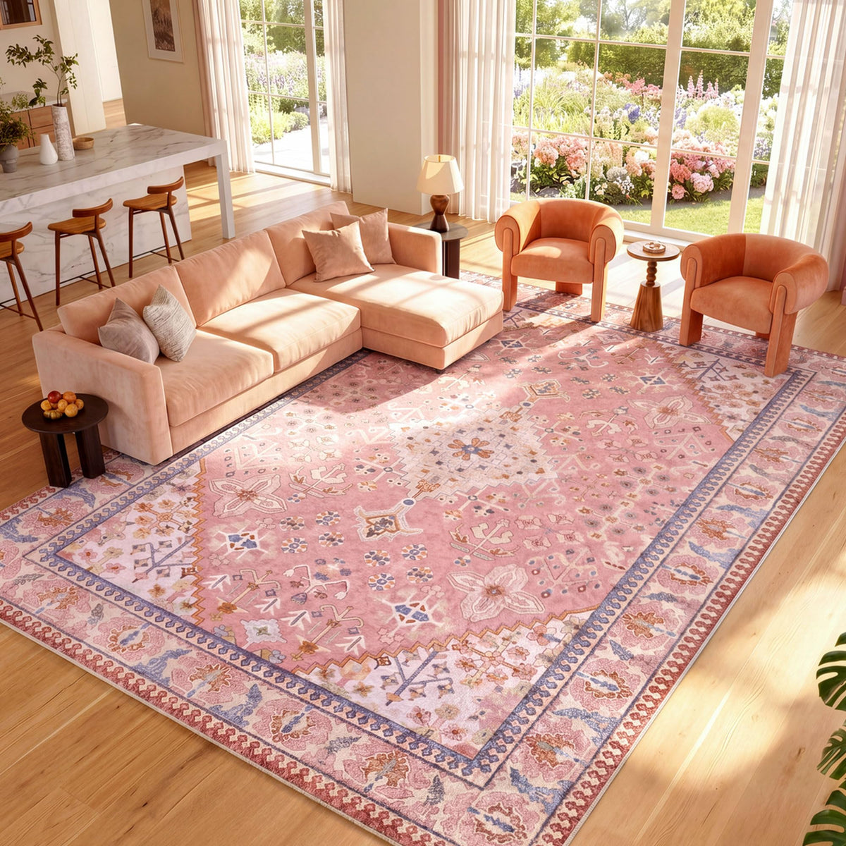 Kokia 9x12 Washable Area Rugs Maroon with Vintage Orient Design, Soft Rug for Living Room or Bedroom, Non-Slip Low Pile Stain Resistance Features, Distressed Medallion Pattern