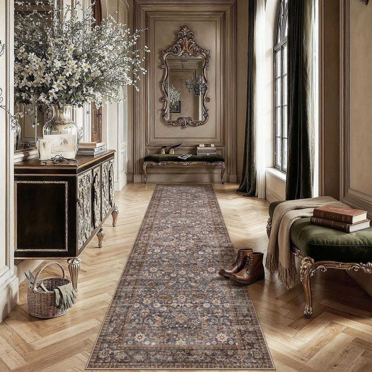 HUGEAR 2x6 Brown Vintage Floral Washable Runner Rug for Hallway