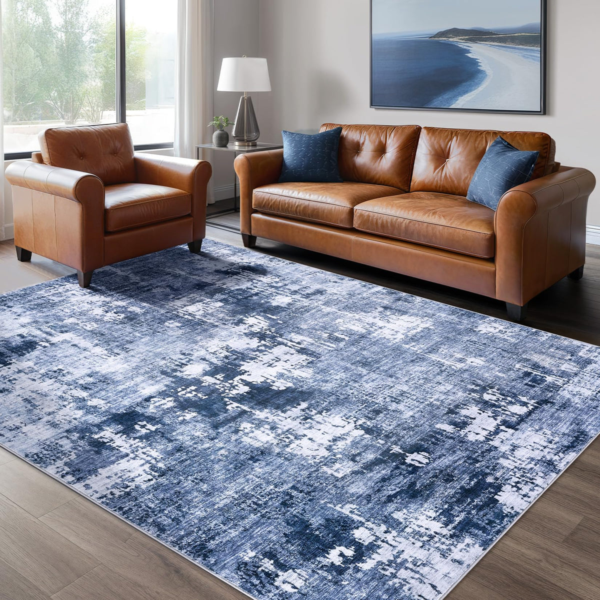 DMOYEST Area Rug Living Room Rugs 5x7 Washable Abstract Beige Blue Carpet