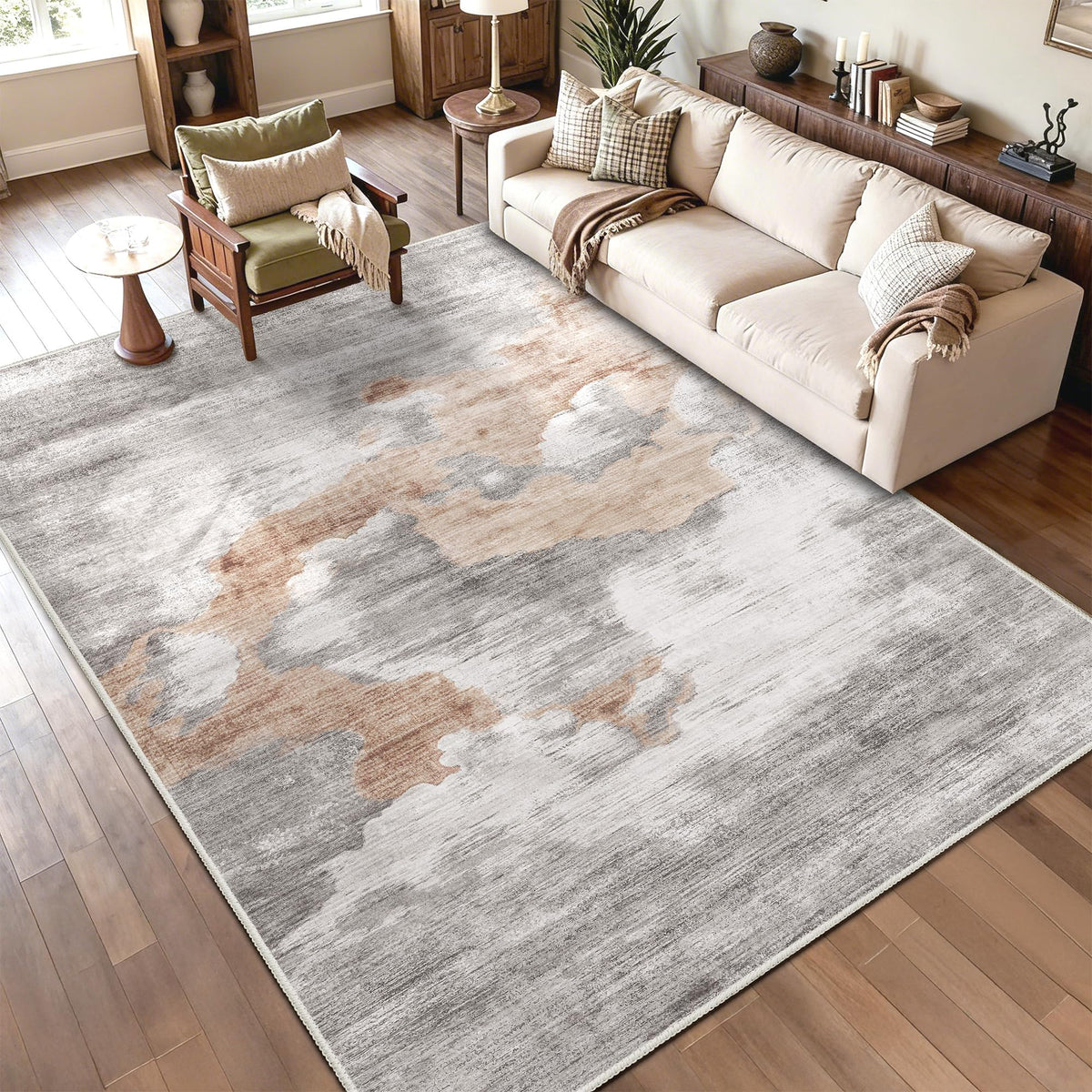 Beige Rug 3x5 Washable Area Rugs for Bedroom Living Room Kitchen Entryway Bedside,Small Modern Marble Abstract Non Slip Carpet